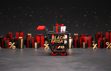 Black Friday scene with a shopping cart full of black and red gifts, surrounded by presents and percentage symbols on a dark background in 3D illustration