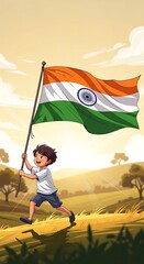 Fototapeta premium Joyful Indian Boy Holding Tricolor Flag and Smiling Proudly on Republic Day