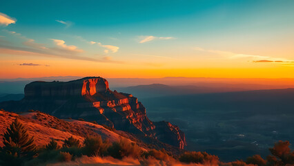Vibrant sunset over a rugged mountain landscape, with striking colors in the sky and warm light on the peaks, creating a dramatic and captivating natural scene