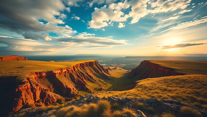Naklejka premium Dramatic red rock formations in a mountain valley, illuminated by golden hour light, showcasing the unique geology and raw beauty of the natural landscape
