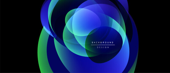 Abstract flowing shapes, vibrant blues, greens create dynamic background. Modern design features layered translucent forms.