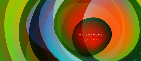 Abstract colorful circles overlap, creating dynamic visual effect. Bright hues blend, forming modern background design.