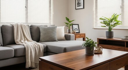 Fototapeta premium Cozy living room with a comfortable grey sectional sofa, wooden coffee table, and potted plants