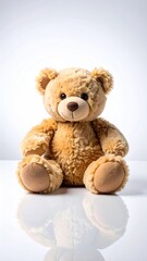 Light Brown Teddy Bear Sitting on White Reflective Surface