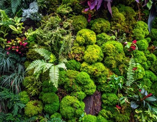 Lush green wall garden with moss and ferns