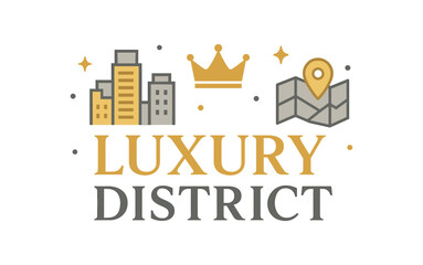Naklejka premium Flat vector banner design text LUXURY DISTRICT supporting icons of skyline crown and map gold and gray tones isolated on white marketing approved bright palette with balanced saturation