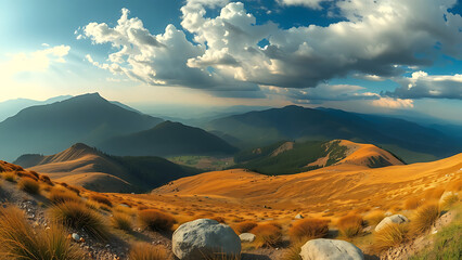 Serene mountain landscape with lush green valleys and distant peaks under a bright, clear sky, symbolizing the pristine beauty and tranquility of untouched nature