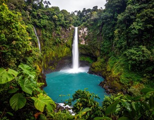 Lush rainforest surrounds a vibrant turquoise waterfall