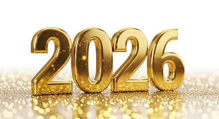 Shiny golden 3d numbers representing the year 2026 isolated on white background