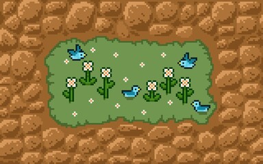 8-bit pixel art illustration of a garden patch with cute blue birds and white flowers surrounded by earthy brown rocks. Ideal for retro game themes, nature-inspired projects, background, wallpaper