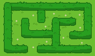 Pixel art maze game background with green grass, white flowers and stylized hedge walls, perfect for retro gaming, nature puzzles, garden design concepts, wallpaper, and background.	