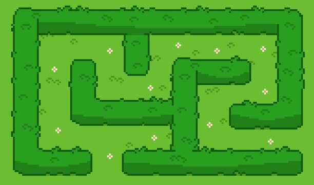 Pixel art maze game background with green grass, white flowers and stylized hedge walls, perfect for retro gaming, nature puzzles, garden design concepts, wallpaper, and background.	