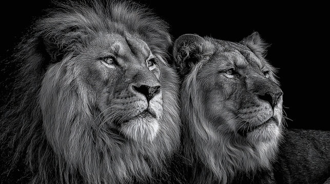 A majestic lion and lioness gazing into the distance, captured in stunning black and white