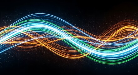 Abstract neon light wave trails on dark background, motion energy, digital speed, technology design concept