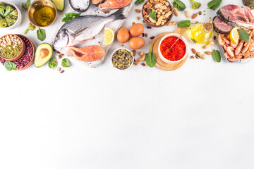 Variety food rich in Omega-3, ALA, EPA, DHA healthy fatty acids sources