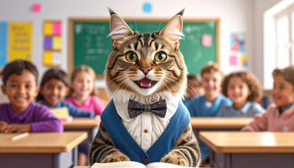 Maine Coon Cat Teacher in Classroom with Students