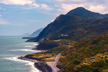 Stunning amazing sea view ,beautiful bay,mountain,rocky coast,cloudy sky in Dashibishan Trail,Hualien,Taiwan.for branding,calendar,postcard,screensaver,wallpaper,poster,banner,cover,website.