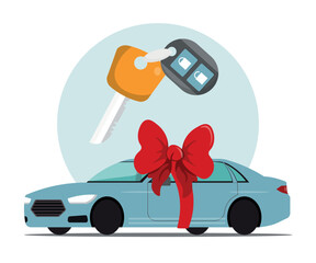 Vector illustration of buying a car, getting car keys. Cartoon scene of a beautiful new modern car tied with a big red bow, keys for opening and starting the car isolated on a white background.