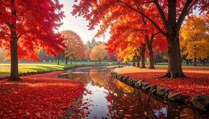 Autumn park scene with vibrant fall foliage reflecting in a serene waterway