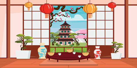 Vector illustration of a beautiful view from a building in a garden with a Japanese pagoda. Cartoon interior scene with table, hot dishes, drinks, vases, flowerpots, Japanese lanterns hanging, pagoda.