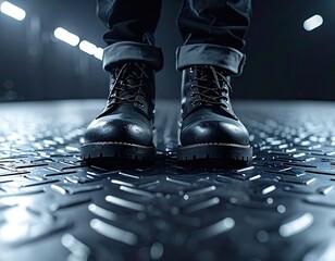 Close-up of black leather boots on a metal floor