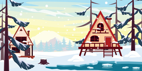 Vector illustration of a beautiful winter landscape with huts. Cartoon scene triangular roofs of houses in the forest, snow, fir trees, pine cones, river with ice, mountains, falling snowflakes.