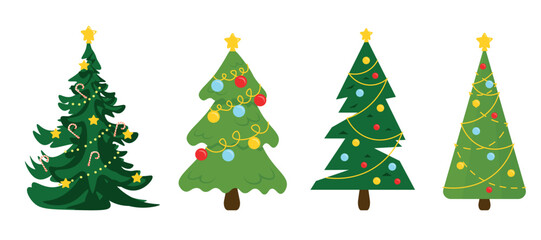 Set of beautiful Christmas trees in cartoon style. Vector illustration of green stylized Christmas trees decorated with garlands, candy canes, stars, colored balls isolated on white background.