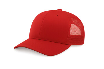 Fototapeta premium Red trucker cap, mesh back, baseball hat, fashion accessory, headwear, customizable, transparent background