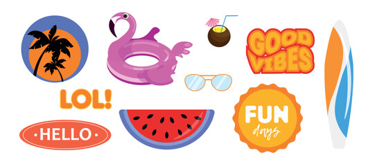 Set of summer symbols in cartoon style. Vector illustration of inflatable circle, cocktail, glasses, surfboard, watermelon, inscriptions: hello, lol, good mood, fun days isolated on white background.