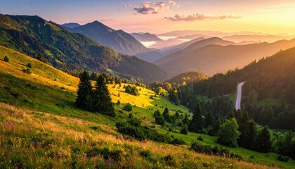 Mountain valley at golden hour. Lush hills, winding road