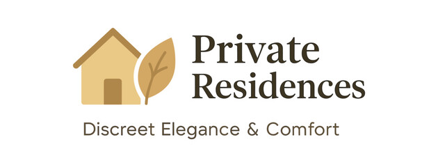 Flat vector banner design text Private Residences subtext Discreet Elegance & Comfort typography Raleway + DM Serif Display icons of house and leaf beige and gold tones isolated on white