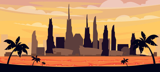 Vector illustration of the beautiful sunset landscape of Dubai. Cartoon scene of UAE, multi-storey, futuristic buildings, skyscrapers, landmarks, dark silhouettes of palm trees, sky with clouds.