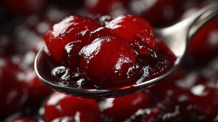 A close-up of cranberry compote spoonful, shiny texture