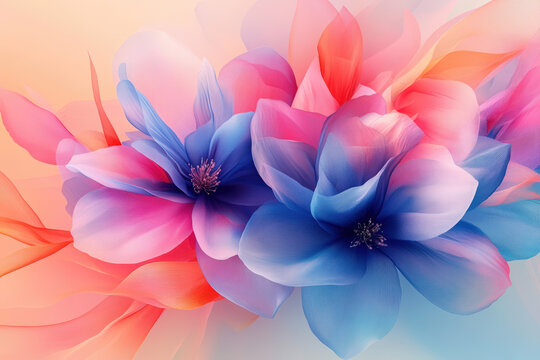 Abstract floral composition with blue and pink flowers and flowing fabric. This beautiful artwork features a close-up of delicate flowers with a dreamy, ethereal quality - Powered by Adobe