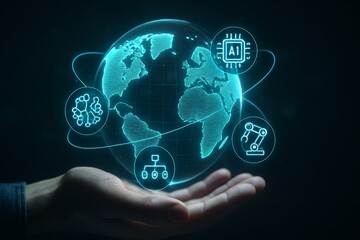 Global technology network concept with AI, automation, and data visualization