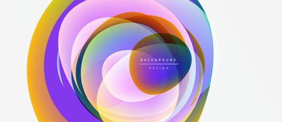Abstract colorful circles overlap, creating dynamic visual effect. Gradient hues blend, forming modern background design.