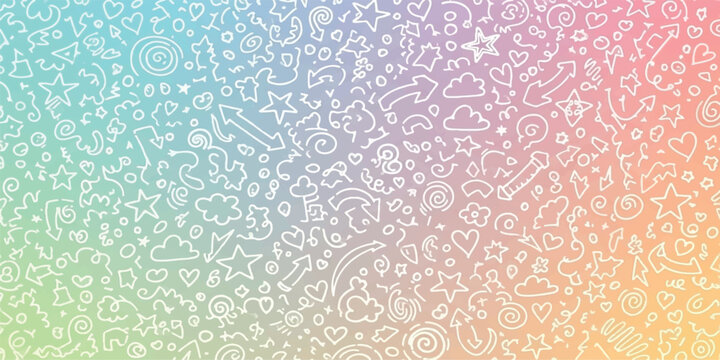 Pastel doodle pattern background featuring hand-drawn stars hearts arrows and clouds perfect for whimsical designs and creative projects