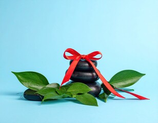 Stacked black stones, red ribbon, green leaves on a light blue background