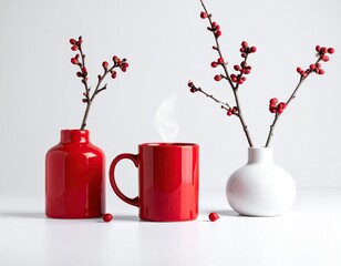 Red and white minimalist still life with coffee, berries, and branches