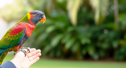 Naklejka premium A bright rainbow loris sits on a person's hand - tropical exoticism, trust between man and bird, nature, contact, peace, green background.