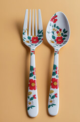 vibrant set of modern flatware, featuring a dinner fork and a table spoon, set vertically against a apricot background. spoon and fork are fully covered with a delightful, bold floral pattern.