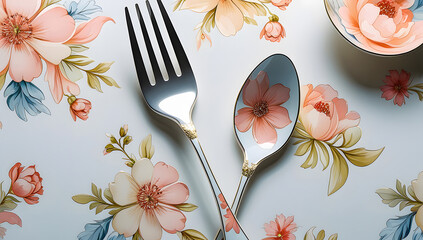 a premium set of stainless steel cutlery tine fork and a table spoon, resting diagonally on a vibrant, watercolour-style floral background.The spoon's bowl features a stunning pink flower design.