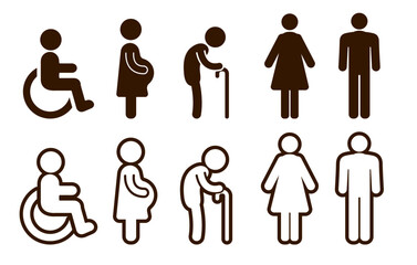 Icons and Symbols for Restrooms Toilet for Men  Women the Elderly and the Disabled Cartoon Silhouette and Outline Graphic Vector