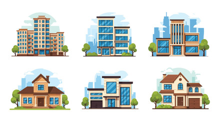 Fototapeta premium Flat design vector illustration featuring a variety of modern and traditional residential and commercial buildings in urban and suburban settings.