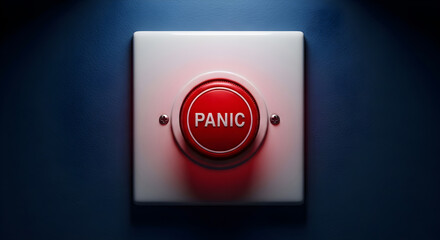 A close up of a red panic button mounted on a white square against a dark blue background wall