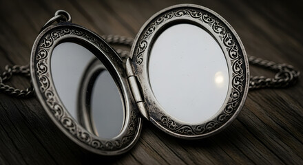 Close up of an open antique silver locket with ornate details on a wooden surface with chain visible
