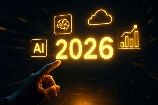 AI and future technology concept with hand pointing to 2026 and icons