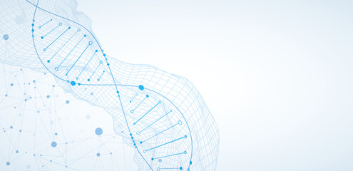 Abstract image of DNA molecule on wireframe wave. Scientific vector background.