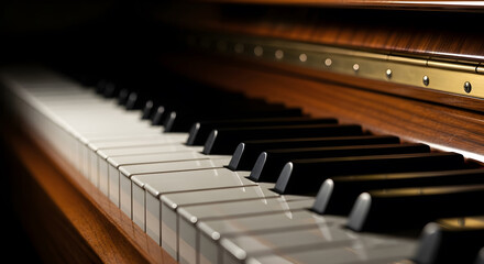 A close up view of a piano keyboard with white and black keys and a wooden frame in soft lighting