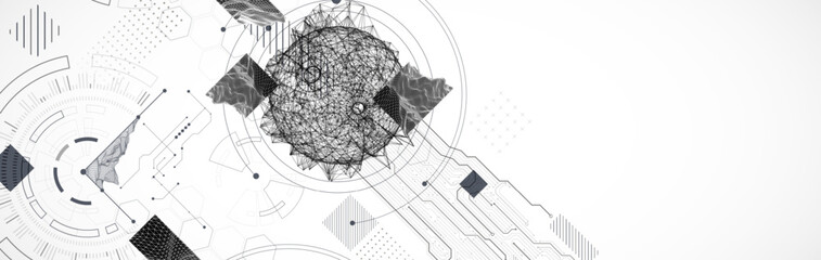 Technological art. Combination of sphere with technological lines and circles in one illustration.